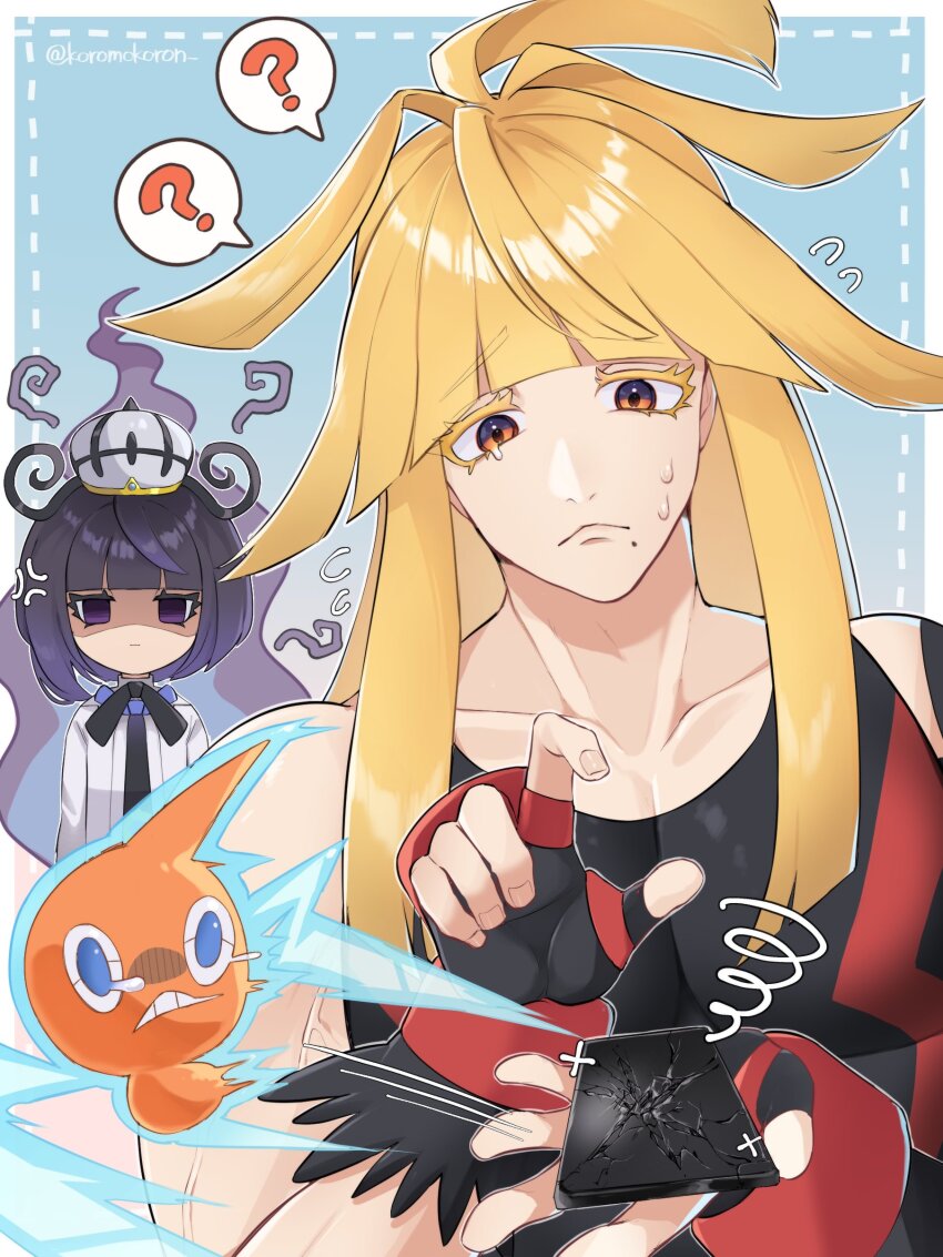1boy 1girl 1other absurdres ahoge anger_vein angry black_hair black_shirt blonde_hair blue_background blunt_bangs bob_cut border broken brother_and_sister cellphone chandelure closed_mouth coat colored_eyelashes dress fire gen_4_pokemon gen_5_pokemon gloves gradient_hair gwynn_(pokemon) hat highres ivor_(pokemon) jitome koromokoron long_hair long_sleeves looking_at_another looking_at_object mega_stone mole mole_under_mouth multicolored_hair muscular nintendo open_clothes open_coat outside_border phone pokemon pokemon_legends:_z-a purple_eyes purple_fire purple_hair rotom rotom_(normal) scowl shirt short_hair siblings smartphone sweat tank_top teardrop twitter_username white_border white_coat