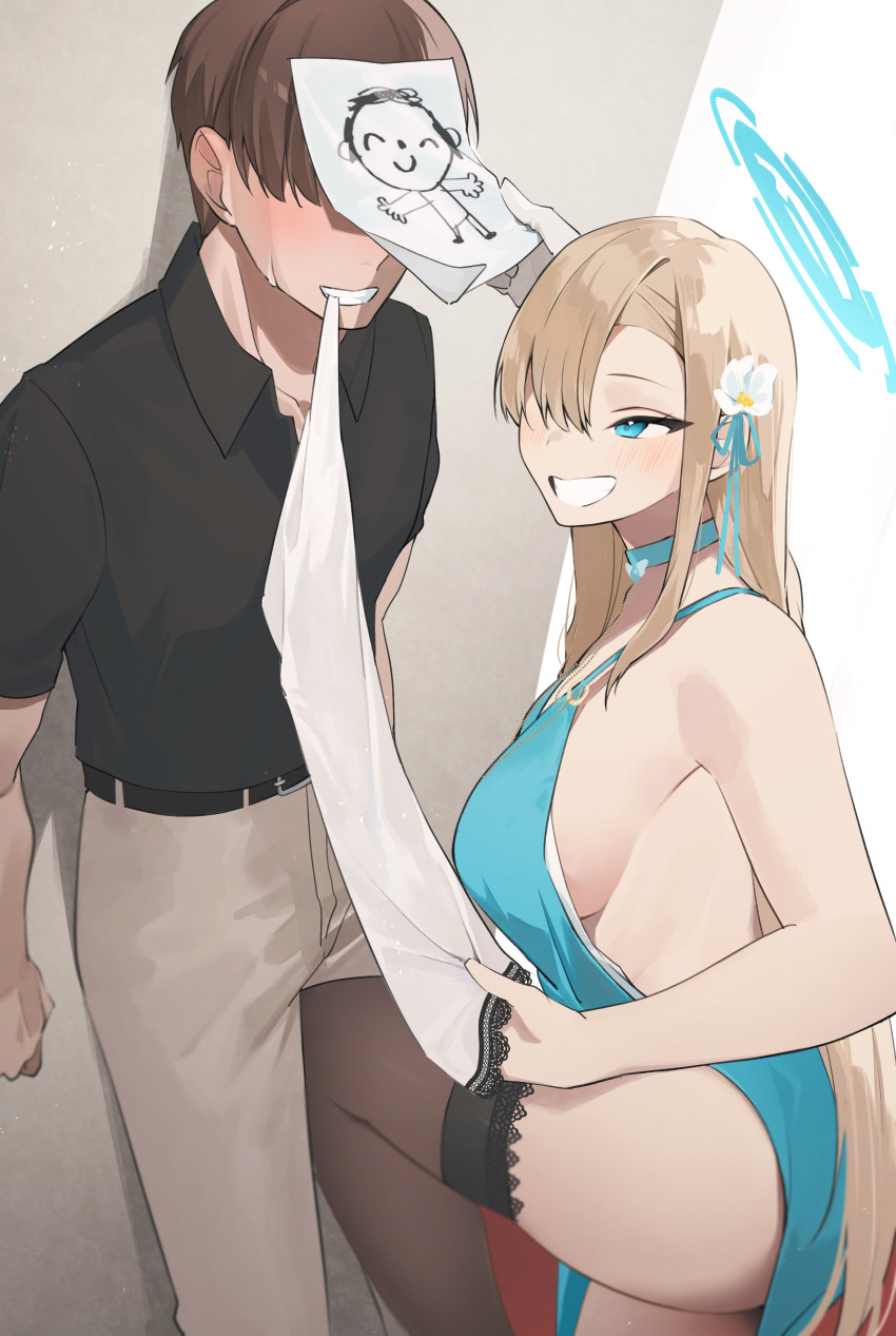 1boy 1girl absurdres against_wall alternate_costume ao_tsukushi asuna_(blue_archive) bare_shoulders belt black_shirt black_thighhighs blonde_hair blue_archive blue_choker blue_dress blue_eyes blue_halo blue_ribbon blurry blush breasts brown_hair brown_pants choker collarbone collared_shirt commentary_request commission depth_of_field doodle_sensei_(blue_archive) dot_nose dress elbow_gloves evening_gown faceless faceless_male flower glove_in_mouth gloves grin hair_flower hair_ornament hair_over_one_eye hair_ribbon halo highres holding holding_gloves holding_unworn_clothes lace lace-trimmed_gloves lace-trimmed_thighhighs lace_trim large_breasts leg_between_thighs long_hair looking_at_another mouth_hold pants paper_on_head pixiv_commission ribbon sensei_(blue_archive) shirt short_hair short_sleeves sideboob single_elbow_glove single_glove sleeveless sleeveless_dress smile spaghetti_strap standing standing_on_one_leg sweat thighhighs unworn_gloves very_long_hair white_gloves