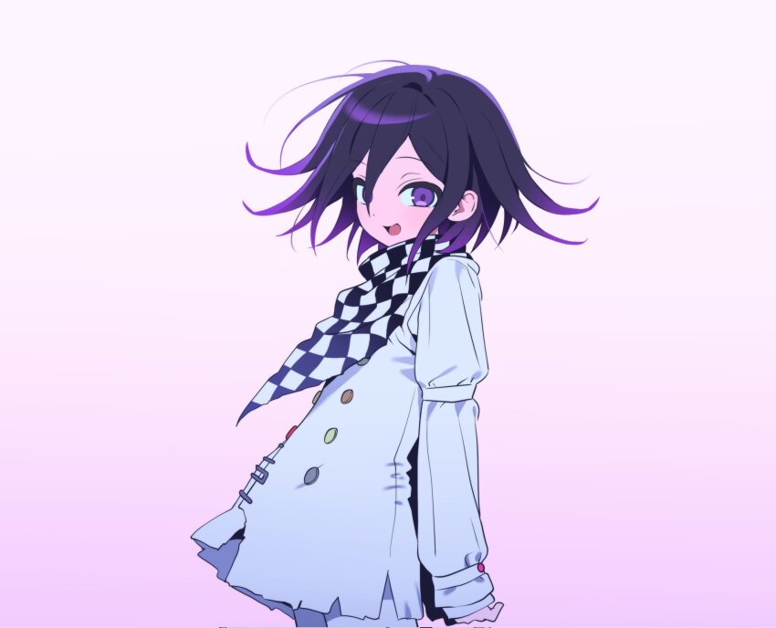 1boy arms_behind_back checkered_clothes checkered_scarf danganronpa_(series) danganronpa_v3:_killing_harmony flipped_hair from_side gradient_background gradient_hair highres kishu11037 long_sleeves looking_at_viewer male_focus medium_hair multicolored_hair oma_kokichi open_mouth pink_background purple_background purple_eyes purple_hair scarf simple_background solo straitjacket torn_clothes white_background