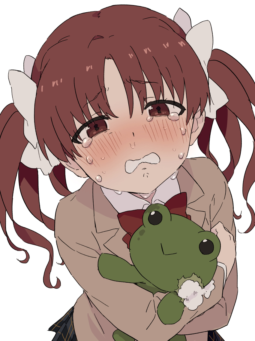 1boy 2023 20s absurdres blush bow brown_eyes brown_hair crying crying_with_eyes_open gekota hair_bow hair_ornament highres holding holding_stuffed_toy long_hair looking_at_viewer matching_hair/eyes miniskirt parted_lips pleated_skirt school_uniform shirai_kuroko skirt solo stuffed_animal stuffed_toy tears teeth teruya_(6w6y) toaru_kagaku_no_railgun toaru_majutsu_no_index tokiwadai_school_uniform torn_stuffed_animal twintails upper_body white_background white_bow winter_uniform