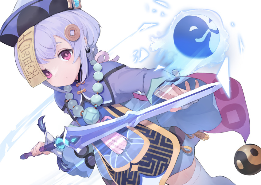 1girl bead_necklace beads coin_hair_ornament commentary_request expressionless genshin_impact hair_ornament hat highres holding holding_sword holding_weapon jewelry looking_at_viewer necklace ofuda ofuda_on_head orb purple_eyes purple_hair purple_hat qingdai_guanmao qiqi_(genshin_impact) sidelocks simple_background solo sword talisman thighhighs usuaji weapon white_background white_thighhighs yin_yang yin_yang_orb