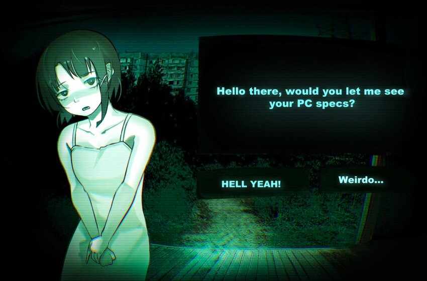 1boy 1girl apartment blush collarbone dress frown gameplay_mechanics green_theme hair_ornament hairpin hashtag-only_commentary iwakura_lain looking_at_viewer lower_teeth_only medium_hair night no_i&#039;m_not_a_human open_mouth outdoors pov_peephole serial_experiments_lain solo talking teeth wooden_porch zumpling