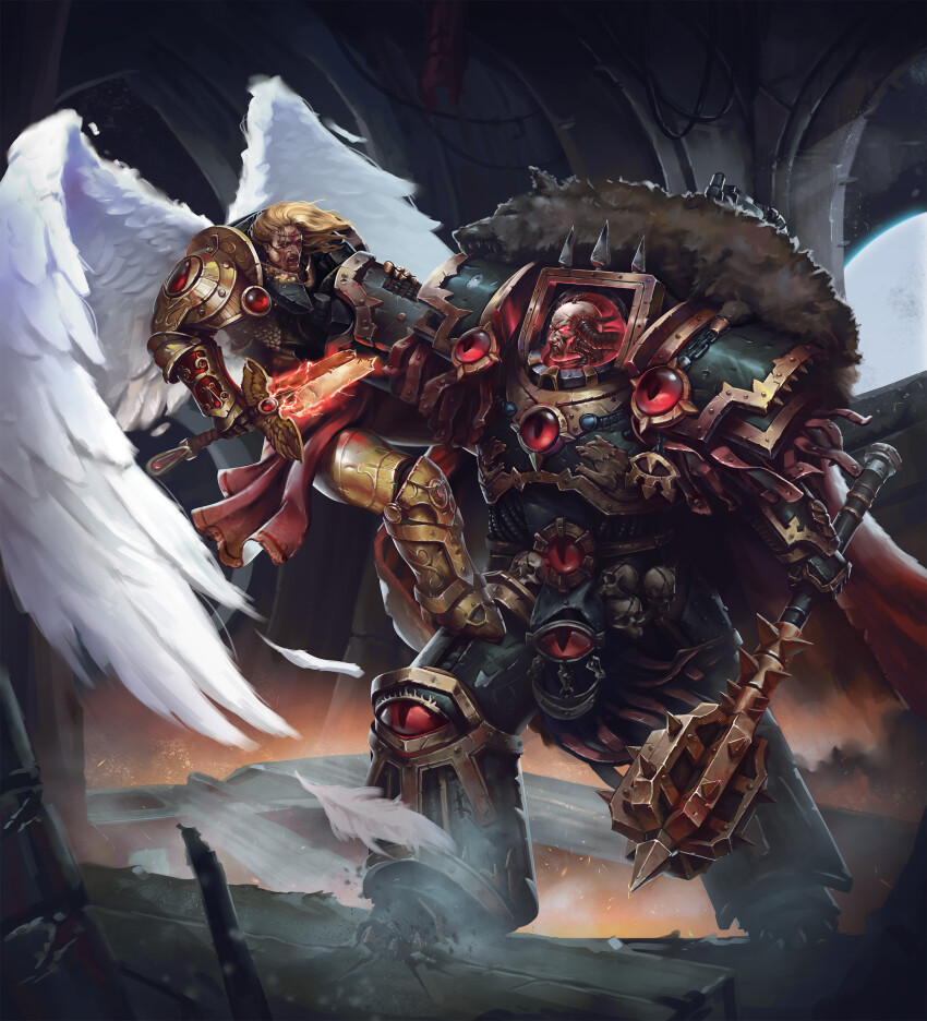 2boys absurdres angel_wings armor bald black_armor blade_encarmine blonde_hair breastplate chain chaos_(warhammer) eyes_of_horus_(warhammer_40k) forehead_jewel gauntlets gem glowing glowing_eyes gold gold_armor gold_trim grohgrog highres holding holding_weapon horus_lupercal jewelry lifting_person long_hair multiple_boys ornate_armor pauldrons pelt power_armor primarch red_eyes red_gemstone regalia_resplendent sanguinius shoulder_armor skull slit_pupils strangling sword terminator_armor tube warhammer_40k weapon white_wings wings