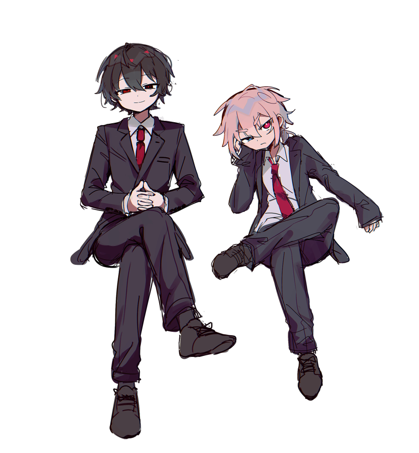 2boys black_eyes black_hair black_jacket black_pants black_socks blue_eyes bright_pupils brown_shoes collared_shirt commentary_request crossed_bangs crossed_legs formal_clothes hair_between_eyes heterochromia highres invisible_chair jacket lapels male_focus multiple_boys necktie notched_lapels open_mouth original own_hands_together pants pink_eyes pink_hair raito-kun_(uenomigi) red_eyes red_necktie red_pupils shirt shoes short_hair shou_(uenomigi) simple_background sitting sketch sleeves_past_wrists socks suit uenomigi white_background white_pupils white_shirt