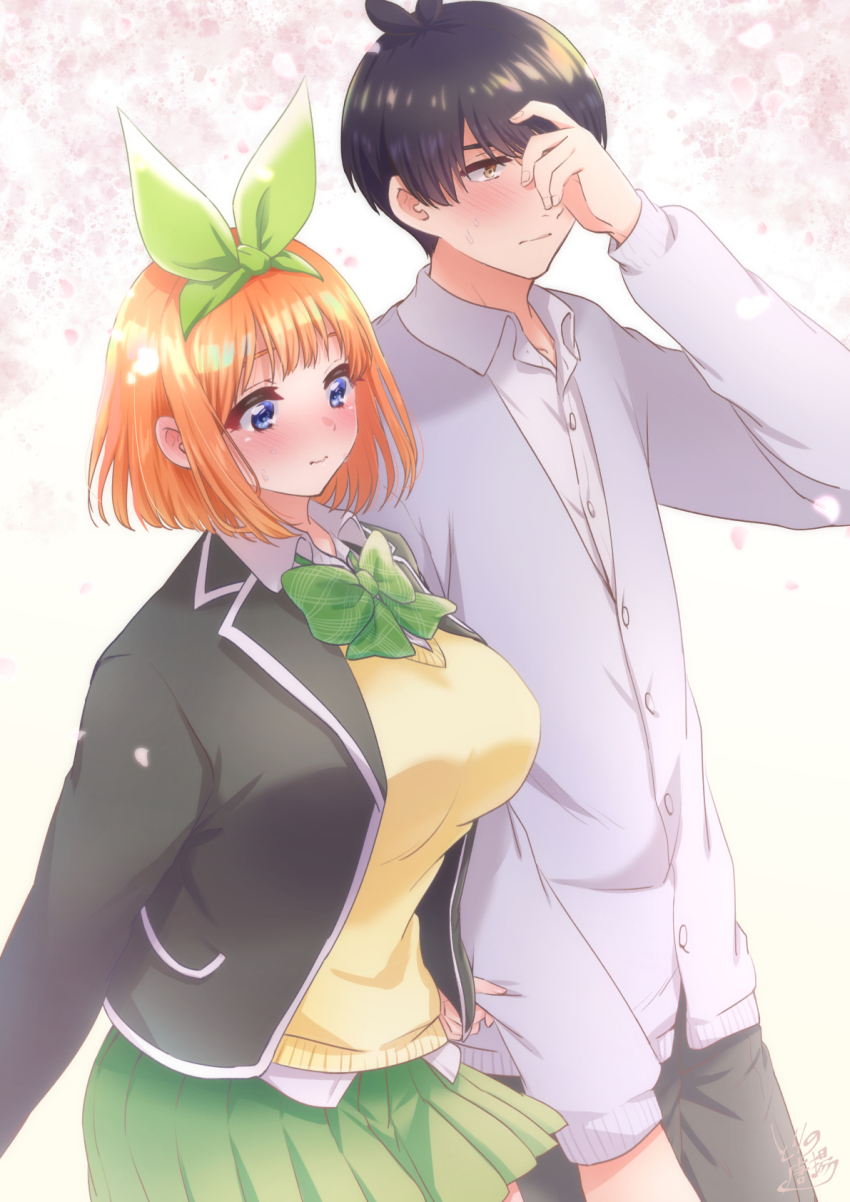 1boy 1girl adjusting_hair black_hair black_jacket black_pants blazer blue_eyes blush bow bowtie breasts cardigan closed_mouth collared_shirt commentary_request cowboy_shot go-toubun_no_hanayome green_bow green_bowtie green_hairband green_skirt grey_cardigan hairband highres jacket large_breasts long_sleeves medium_hair nakano_yotsuba open_clothes open_jacket orange_hair pants plaid_bow plaid_bowtie plaid_clothes pleated_skirt school_uniform shirt short_hair signature skirt sweat sweater_vest torino_karaage uesugi_fuutarou walking white_shirt yellow_sweater_vest