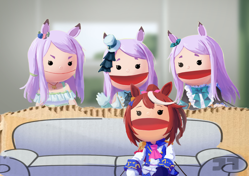 2girls absurdres ascot asymmetrical_gloves bare_shoulders black_gloves bow brown_hair casting_couch commentary couch ear_bow epaulettes gloves hat high_ponytail highres imminent_gangbang jacket jtleeklm long_hair mejiro_mcqueen_(end_of_sky)_(umamusume) mejiro_mcqueen_(ripple_fairlady)_(umamusume) mejiro_mcqueen_(umamusume) meme mini_hat mini_top_hat mismatched_gloves multicolored_jacket multiple_girls multiple_persona official_alternate_costume open_mouth pink_ascot piper_perri_surrounded_(meme) ponytail puppet purple_hair signature single_epaulette surrounded swept_bangs tilted_headwear tokai_teio_(umamusume) top_hat two-tone_jacket umamusume white_gloves