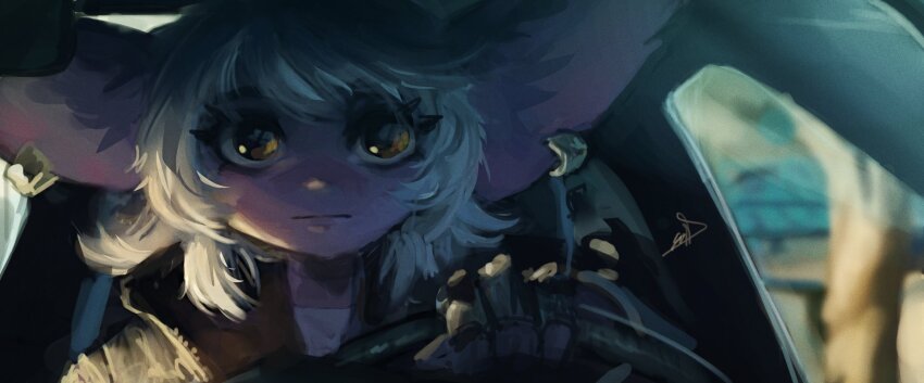 1girl animal_ears car car_interior closed_mouth colored_skin commentary cosplay drive_(movie) driver_(drive) driver_(drive)_(cosplay) driving earrings english_commentary fewer_digits gloves highres holding jacket jewelry league_of_legends long_hair looking_at_viewer motor_vehicle parody pointy_ears purple_skin shirt signature sophyucha steering_wheel tristana_(league_of_legends) white_hair white_jacket yellow_eyes yordle