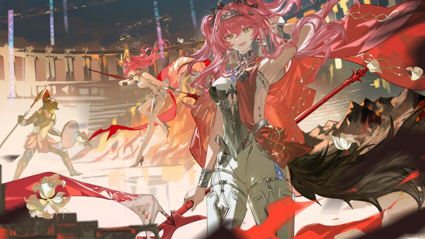 1girl 1other arm_up armor armpits black_bow bodysuit boots bow breastplate breasts collar commentary earrings fire hair_bow hairband headgear highres jewelry long_hair looking_at_viewer lupa_(wuthering_waves) medium_breasts metal_collar metal_hairband multiple_views ns404 open_mouth pink_hair red_pupils red_sash sash smile solo_focus symbol-only_commentary tacet_mark_(wuthering_waves) tail thigh_boots twintails white_bodysuit white_boots wolf_tail wrist_guards wuthering_waves yellow_eyes