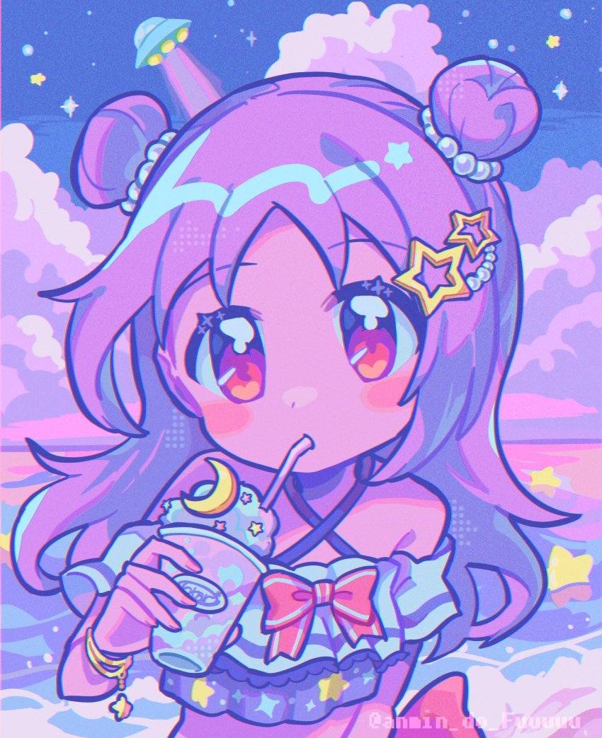 1girl arm_at_side bikini blush bow bow_bikini bracelet chromatic_aberration cloud cloudy_sky crescent criss-cross_halter cup dot_nose double_bun drinking drinking_straw drinking_straw_in_mouth frilled_bikini frills gold_bracelet hair_bun hair_ornament halterneck highres holding holding_cup jewelry looking_at_viewer magia_record:_mahou_shoujo_madoka_magica_gaiden mahou_shoujo_madoka_magica medium_hair misono_karin misono_karin_(swimsuit_costume) multicolored_bikini ocean off-shoulder_bikini off_shoulder outdoors parted_bangs pastel_colors purple_eyes purple_hair red_bow side_up_bun sky slushie solo sparkle sparkle_print star_(sky) star_(symbol) star_bracelet star_hair_ornament star_print swimsuit takenoko_mgrc twitter_username ufo upper_body water