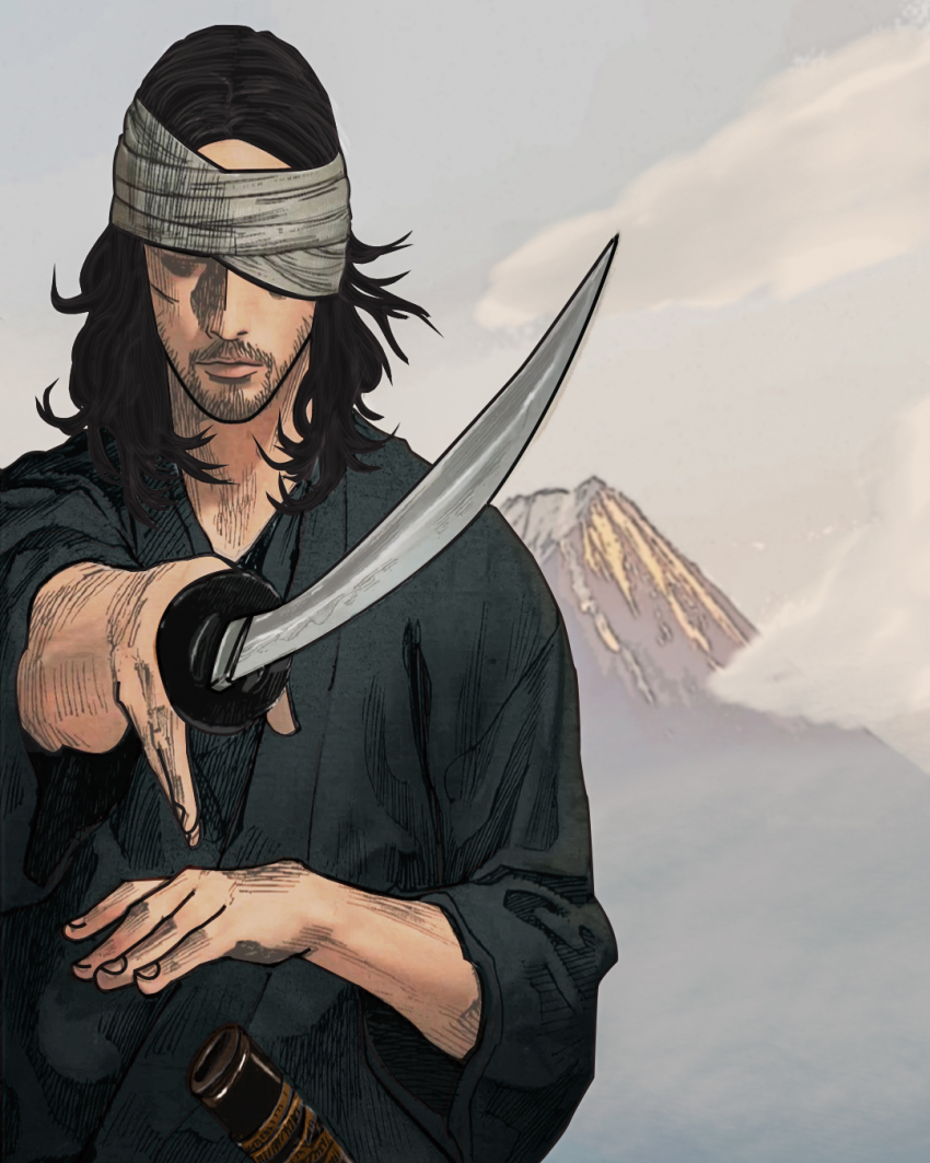 1boy artist_request black_hair highres long_hair male_focus miyamoto_musashi_(vagabond) samurai vagabond weapon