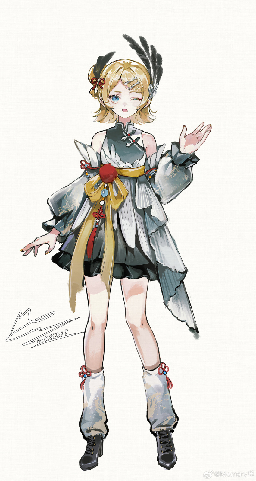 1girl absurdres bare_shoulders between_breasts black_dress black_shoes black_sleeves blonde_hair blue_eyes breasts chinese_clothes chinese_commentary collared_dress commentary_request cross-laced_shoes dated detached_sleeves dress dress_shoes eyelashes feather-trimmed_dress feather_hair_ornament feathers flower_knot frilled_sleeves frills full_body gradient_sleeves hair_bun hair_ornament hair_ribbon hair_rings hairclip hand_up happy head_between_breasts highres kagamine_len knees layered_dress leg_warmers long_sleeves memory_mie one_eye_closed open_mouth pom_pom_(clothes) puffy_long_sleeves puffy_sleeves red_ribbon ribbon ribbon_legwear shoes short_dress short_hair signature simple_background single_hair_ring single_side_bun sleeve_ribbon sleeveless sleeveless_dress smile solo standing tassel vocaloid waist_ribbon watermark weibo_watermark white_background white_dress white_leg_warmers white_sleeves yellow_ribbon