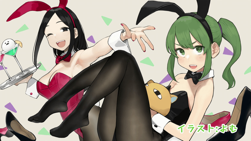 2girls animal_ears black_bow black_bowtie black_eyes black_footwear black_hair black_leotard bow bowtie breasts cleavage cocktail collar detached_collar end_card fake_animal_ears feet flat_chest food fruit green_eyes green_hair high_heels highres holding holding_tray igarashi_futaba knees_up large_breasts legs lemon lemon_slice leotard long_hair multiple_girls no_shoes one_eye_closed open_mouth oversized_breast_cup pantyhose pink_bow pink_bowtie pink_leotard pink_nails pink_shoes playboy_bunny ponytail rabbit_ears sakurai_touko senpai_ga_uzai_kouhai_no_hanashi shoes sidelocks third-party_source tray unworn_shoes white_collar white_wrist_cuffs wrist_cuffs yomu_(sgt_epper)