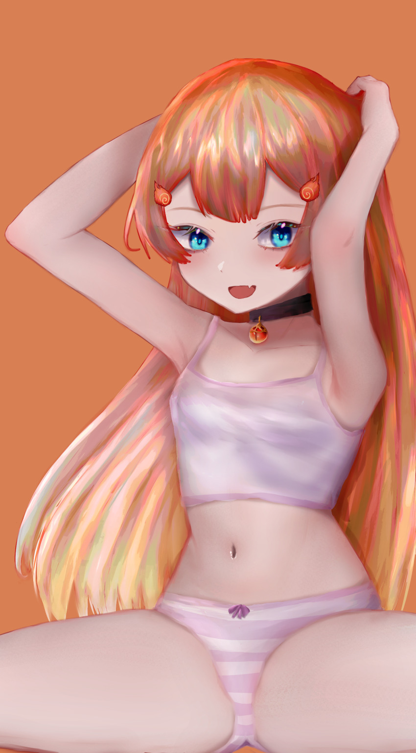 1girl absurdres belly blue_eyes bow breasts commission fake_horns fake_tail fang gluxua hair_ornament highres horns japanese_text long_hair miki_hitsugi navel open_mouth orange_hair panties ribbon skin_fang small_breasts specialite_en striped_clothes striped_panties tail thighs undershirt underwear underwear_only virtual_youtuber