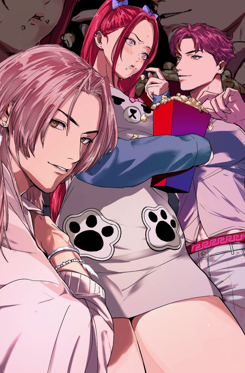 1girl 2boys abby_(kpop_demon_hunters) amikoiiko animal_print bead_bracelet beads bear_print black_background blue_sleeves blush bracelet brown_eyes charm_(object) collared_shirt commentary cowboy_shot ear_piercing earrings eating english_commentary feather_earrings feathers fingernails food half_updo highres holding holding_food jewelry kpop_demon_hunters linea_alba long_hair looking_at_another looking_at_viewer medium_hair mira_(kpop_demon_hunters) mismatched_eyebrows multiple_boys multiple_bracelets multiple_piercings official_alternate_costume pants paw_print piercing pink_eyes pink_hair pink_lips pink_shirt pleated_pants polygamy popcorn purple_hair purple_shirt romance_(kpop_demon_hunters) shirt short_hair sleeves_past_wrists smile thighs turning_head twintails two-tone_shirt upper_body white_pants white_shirt zoom_layer