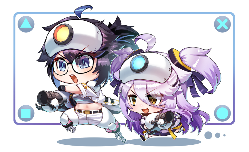 2girls :3 agustinus ahoge aperture_science_handheld_portal_device atlas_(portal) atlas_(portal)_(cosplay) belt black_belt black_gloves black_jacket blue_eyes breasts chest_sarashi chibi cosplay crocs glasses gloves hair_between_eyes hair_ornament hairpin henya_the_genius henya_the_genius_(1st_costume) highres jacket kson large_breasts long_bangs long_hair looking_at_viewer multicolored_jacket multiple_girls navel open_mouth p-body p-body_(cosplay) pants ponytail portal portal_(series) portal_2 purple_jacket sarashi shoes sidelocks small_breasts souchou teeth two-tone_jacket two_side_up upper_teeth_only virtual_youtuber vshojo white_jacket white_pants yellow_eyes yellow_shoes