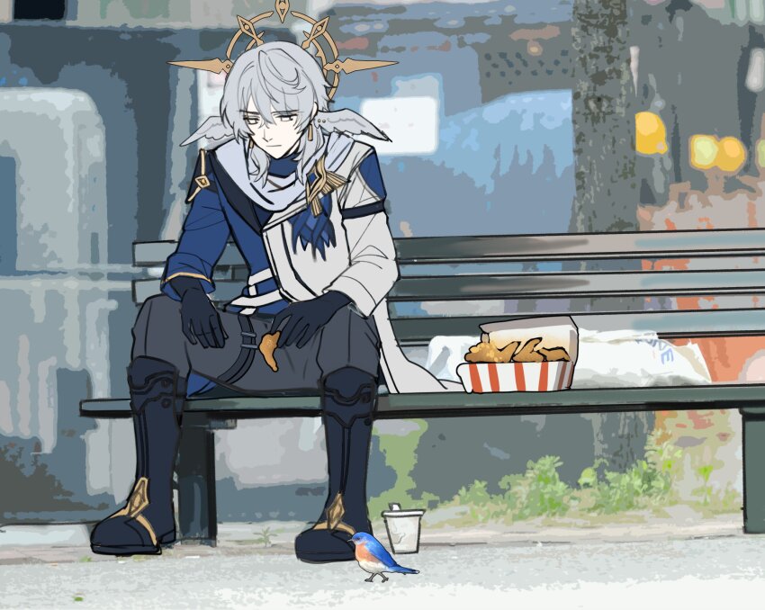 1boy bench bird black_footwear black_gloves blue_jacket boots box chicken_wing closed_mouth commentary cup disposable_cup do_myzu earrings english_commentary feathered_wings food gloves gold_earrings grass grey_hair grey_pants hair_between_eyes halo halo_behind_head head_wings highres holding holding_food honkai:_star_rail honkai_(series) jacket jewelry long_sleeves looking_down male_focus meme multicolored_jacket on_bench outdoors pants piercing scarf short_hair sidelocks sitting spread_legs sunday_(honkai:_star_rail) tree two-tone_jacket white_jacket white_scarf wing_piercing wings