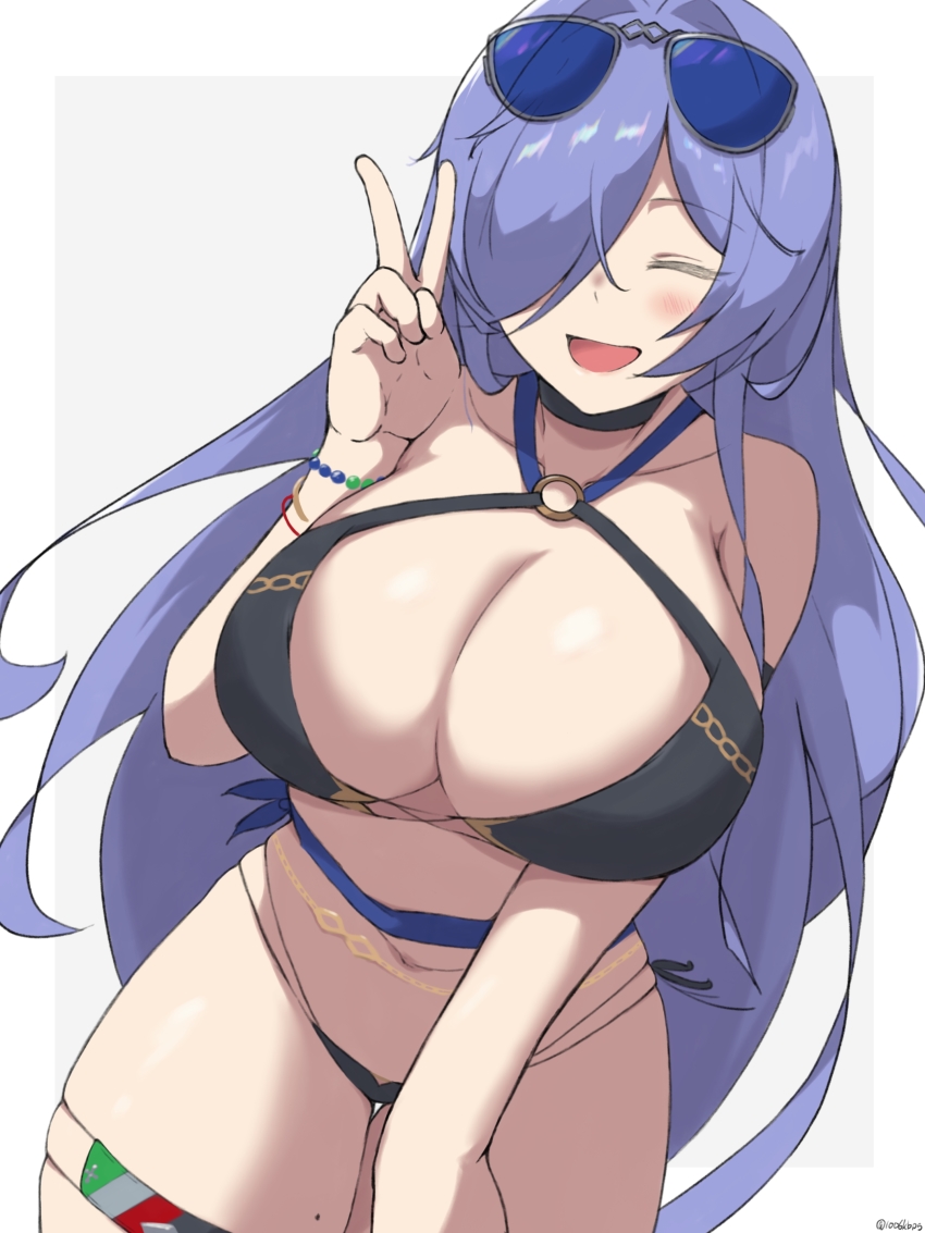 1006kbps 1girl absurdres aviator_sunglasses azur_lane belly_chain bikini black_bikini black_choker breasts choker cowboy_shot dutch_angle closed_eyes eyewear_on_head grey_background hair_over_one_eye highres huge_breasts jewelry long_hair mole mole_on_thigh multi-strapped_bikini_bottom o-ring o-ring_bikini official_alternate_costume open_mouth purple_hair simple_background skindentation solo sunglasses swimsuit trento_(azur_lane) trento_(summer&#039;s_hotness?)_(azur_lane) two-tone_background v very_long_hair white_background bracelet