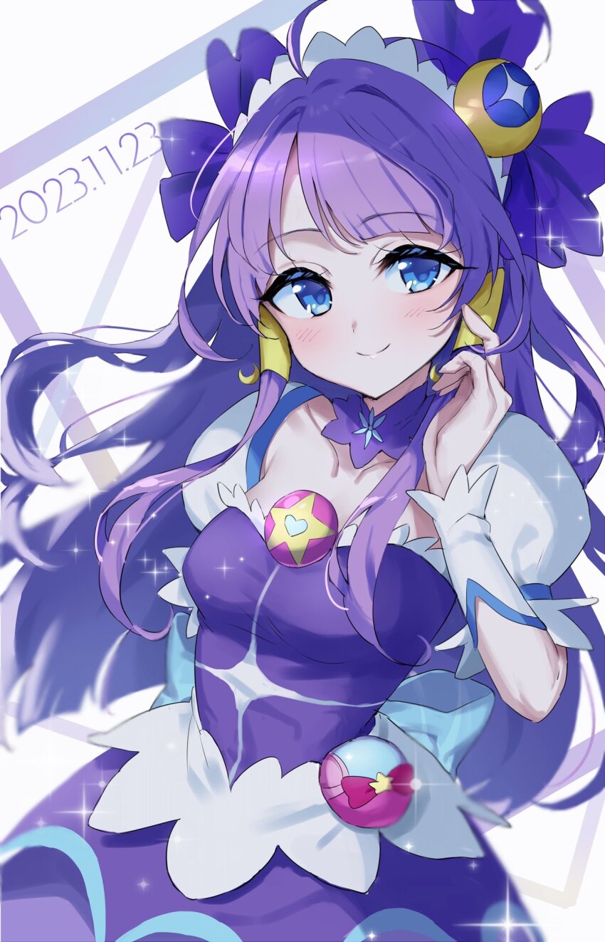 1girl ahoge blue_eyes breasts choker collarbone commentary_request crescent crescent_earrings cure_selene dated dress earrings hair_ornament heart_pouch highres jewelry jikai_ing kaguya_madoka long_hair looking_at_viewer magical_girl precure puffy_sleeves purple_dress purple_hair rainbow_skirt small_breasts smile solo sparkle star_(symbol) star_choker star_color_pen star_color_pendant star_twinkle_precure upper_body white_background