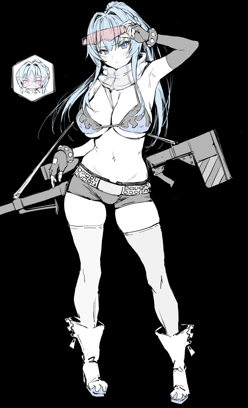 1girl arm_up belt bikini black_background black_shorts blue_eyes blue_hair breasts cleavage cosplay flame_print full_body goddess_of_victory:_nikke goggles goggles_on_head gun haoni helm_(nikke) high_ponytail highres large_breasts looking_at_viewer navel ponytail print_bikini rifle scarf short_shorts shorts simple_background sniper_rifle solo stomach strap swimsuit tengen_toppa_gurren_lagann thighhighs v-shaped_eyebrows weapon yoko_littner yoko_littner_(cosplay)