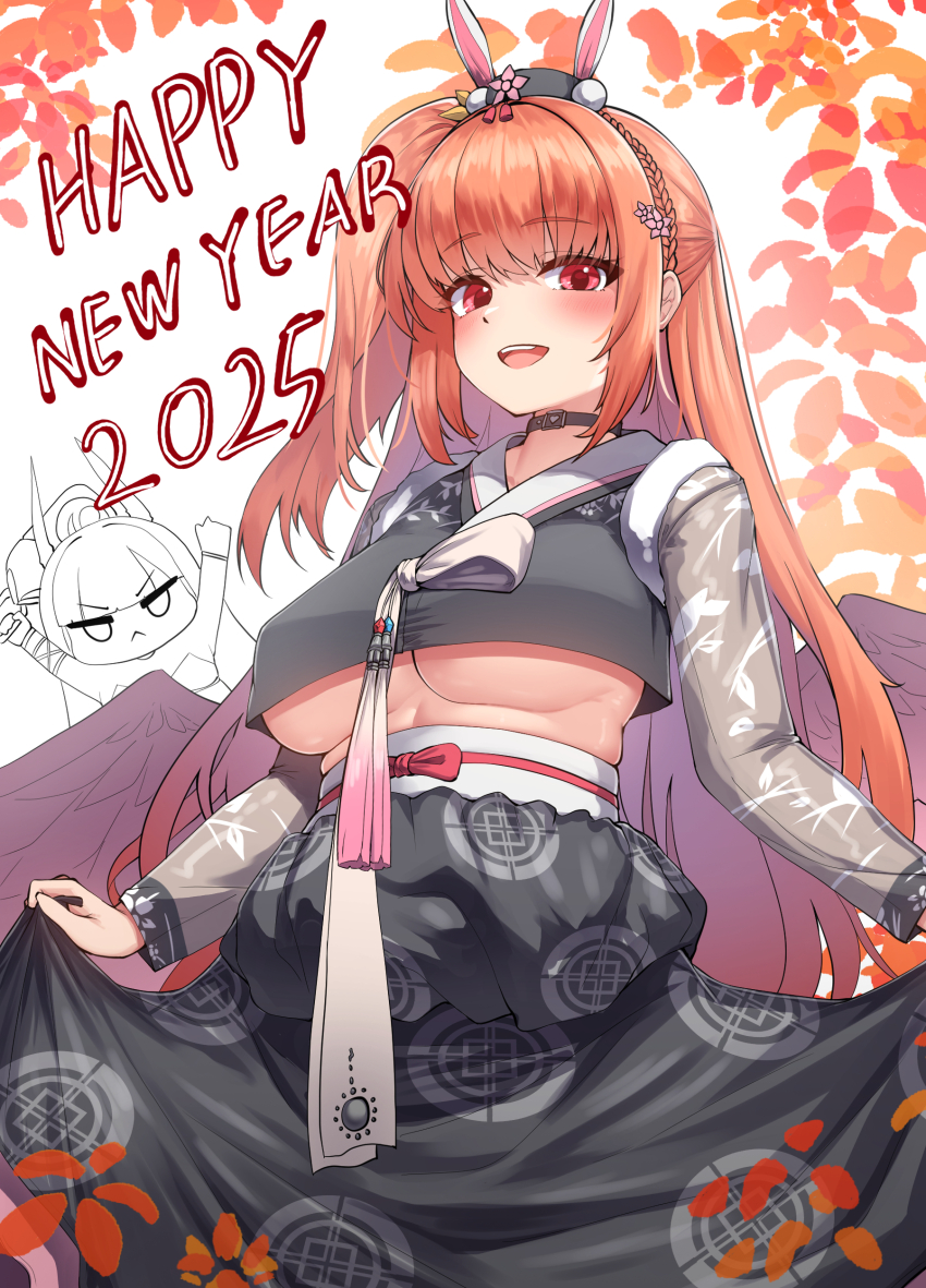 2025 2girls absurdres animal_ears baekto_(last_origin) breasts cho!cho! clothes_lift hair_ornament happy_new_year head_ornament highres last_origin long_hair momo_(last_origin) multiple_girls new_year open_mouth rabbit_ears side_ponytail skirt skirt_lift underboob