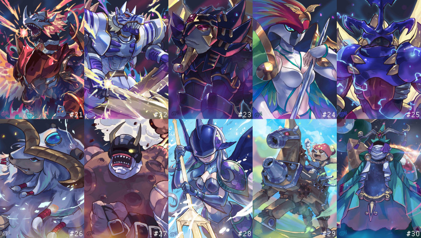 absurdres ancientbeatmon ancientgarurumon ancientgreymon ancientirismon ancientmegatheriumon ancientmermaimon ancientsphinxmon ancienttroiamon ancientvolcamon ancientwisemon armor digimon highres horns open_mouth pinochimon sephirothmon sharp_teeth teeth ten_legendary_warriors wings yellow_eyes