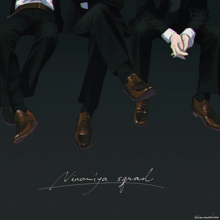 3boys belt black_belt brown_footwear chausuyadesu crossed_arms crossed_legs english_text formal_clothes grey_background highres inukai_sumiharu invisible_chair long_sleeves lower_body male_focus multiple_boys ninomiya_masataka ninomiya_squad&#039;s_uniform out_of_frame own_hands_together shirt shoes side-by-side sitting suit tsuji_shinnosuke twitter_username white_shirt world_trigger