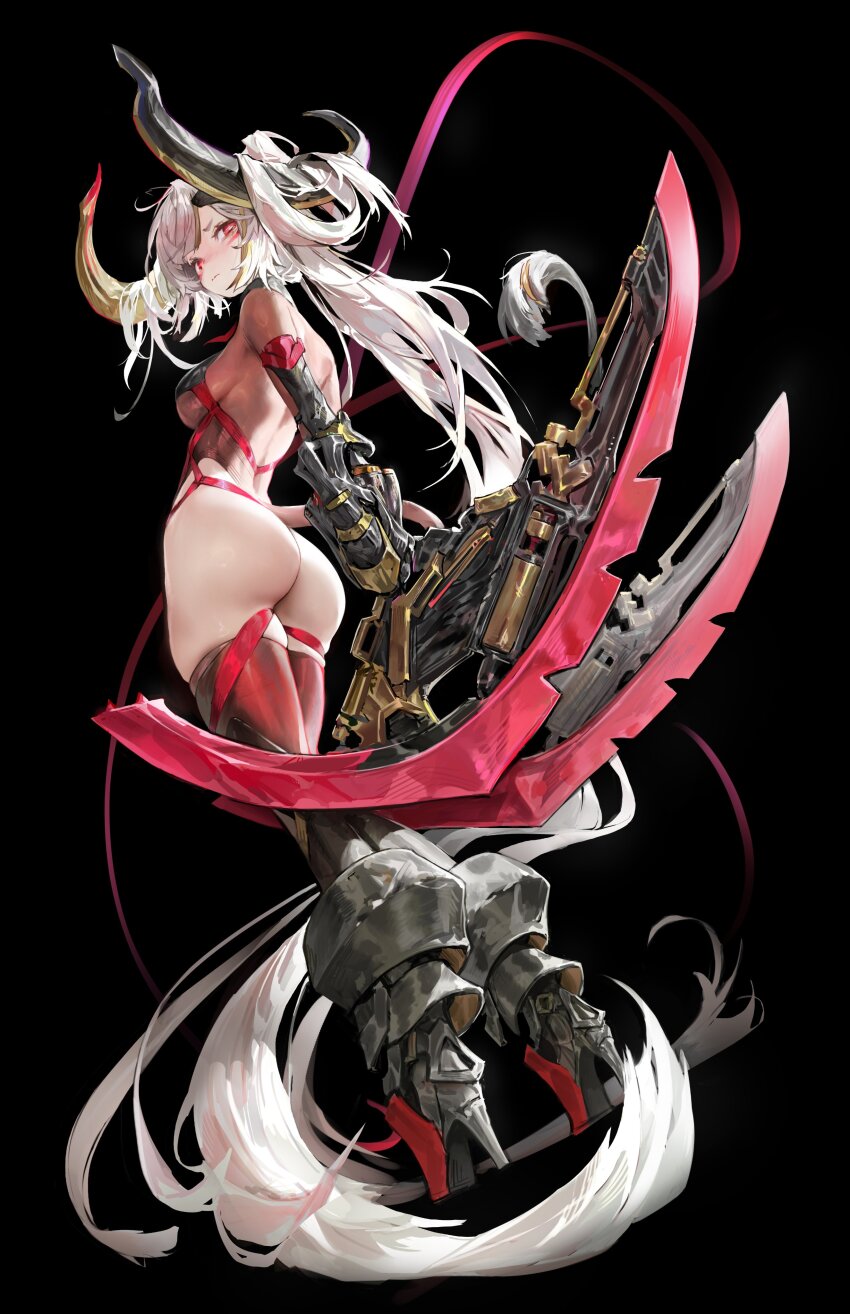 1girl absurdly_long_hair absurdres agoto armored_boots arms_behind_back ass backless_leotard black_background boots breasts closed_mouth commentary facial_mark floating_hair from_side grey_hair high_heel_boots high_heels highleg highleg_leotard highres huge_horns huge_weapon large_breasts leotard long_hair looking_at_viewer original red_eyes red_thighhighs simple_background skindentation solo thighhighs thong_leotard very_long_hair weapon
