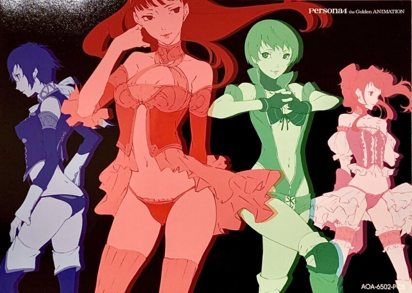 4girls alternate_costume amagi_yukiko ass bra breasts female_focus fingerless_gloves gloves high-cut_armor_(persona) kujikawa_rise long_hair looking_at_viewer midriff multiple_girls navel official_art panties persona persona_4 persona_4_the_animation satonaka_chie shirogane_naoto short_hair small_breasts smile thighhighs twintails underwear