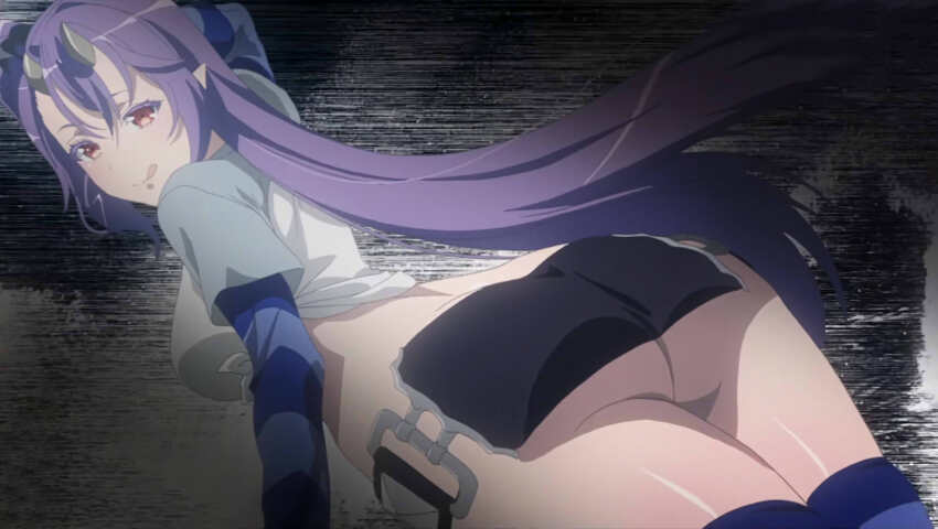 1girl anime_screenshot ass ass_focus breasts demon_girl demon_horns highres horns huge_ass large_breasts leviathan_(the_seven_deadly_sins) licking_lips looking_back naughty_face no_panties pointy_ears purple_hair red_eyes seductive_gaze seductive_smile shirt sin_nanatsu_no_taizai skirt smile socks solo the_seven_deadly_sins tongue tongue_out