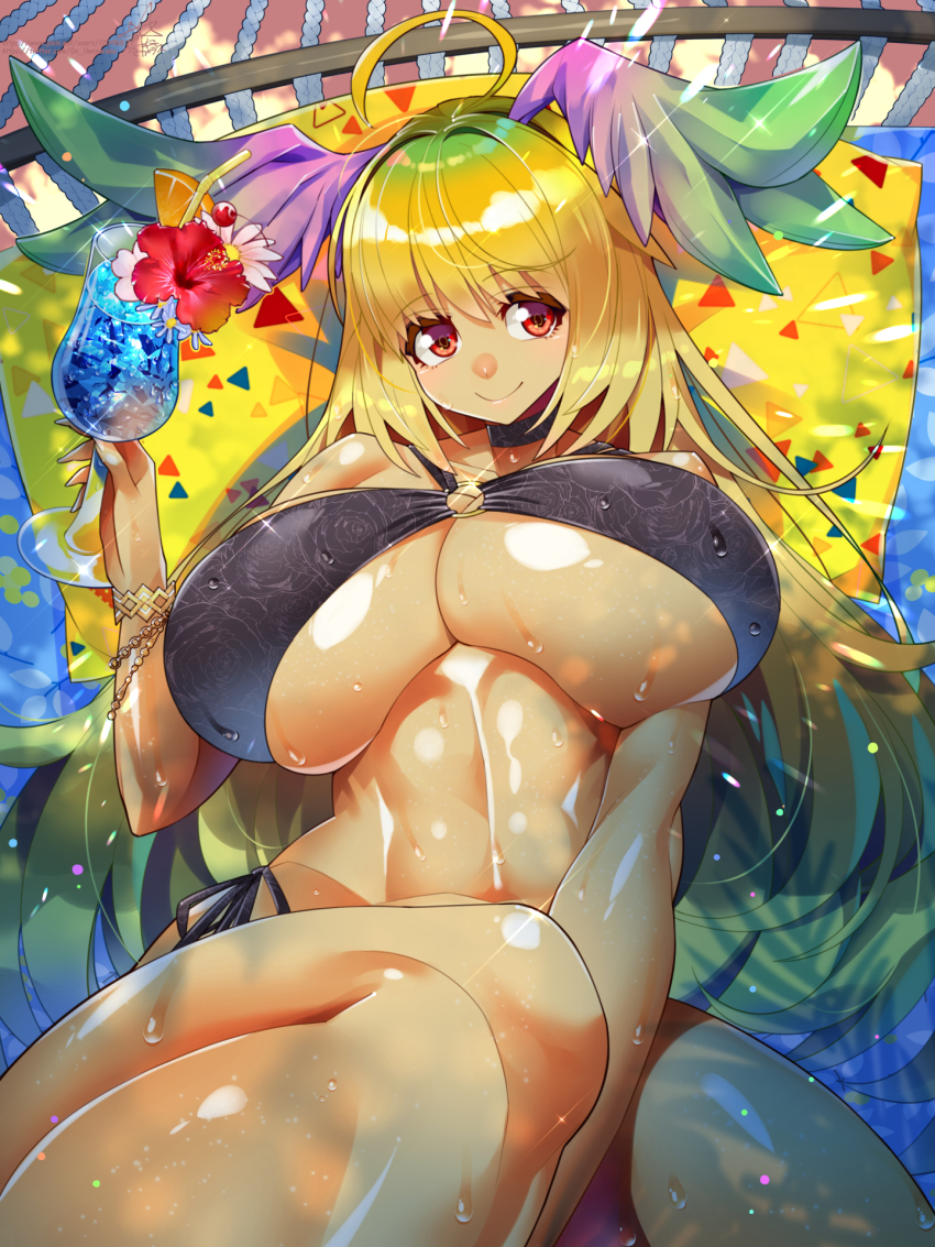 1girl ahoge arm_between_legs beach bendy_straw between_legs bikini black_bikini black_choker blonde_hair blue_flower blue_hawaii bracelet breasts chain cherry choker cleavage closed_mouth cocktail collarbone cup daisy_(flower) day drink drinking_glass drinking_straw feathered_wings flower food fruit gold gold_chain gradient_hair gradient_wings green_hair green_wings hair_between_eyes hair_intakes hammock hand_between_legs head_wings hibiscus highres holding holding_cup huge_breasts hurricane_glass ice ice_cube jewelry light_particles linea_alba long_hair looking_at_viewer lying multicolored_hair multicolored_wings navel o-ring o-ring_bikini on_hammock orange_(fruit) orange_slice original outdoors pillow pink_flower purple_wings red_eyes red_flower shiny_skin side-tie_bikini_bottom smile solo sparkle sweat swept_bangs swimsuit tan thick_thighs thighs tropical_drink two-tone_wings umigarasu_(kitsune1963) underboob very_long_hair wings