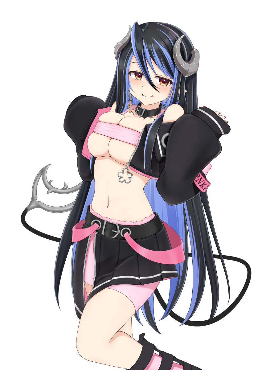 1girl :q absurdres bandeau black_hair black_jacket black_skirt bloomers blue_hair blush breasts brown_eyes closed_mouth collarbone commentary_request cosplay cropped_jacket cuore_0624 curled_horns demon_girl demon_horns demon_tail feet_out_of_frame grey_horns hair_between_eyes hebiyoi_tier highres horns jacket large_breasts long_bangs long_hair long_sleeves looking_at_viewer midriff multicolored_hair nanashi_inc. navel oinomori_may oinomori_may_(1st_costume) oinomori_may_(cosplay) open_clothes open_jacket pink_bandeau pink_bloomers pleated_skirt pointy_ears sidelocks simple_background skirt sleeveless sleeveless_jacket smile snake_bite solo tail tongue tongue_out two-tone_hair underwear virtual_youtuber white_background