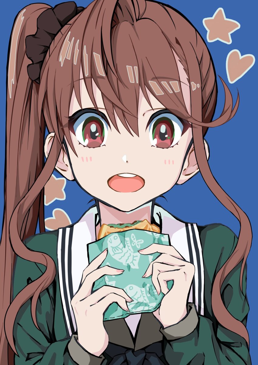 1girl 22/7 black_bow black_bowtie black_scrunchie blue_background bow bowtie brown_eyes brown_hair food green_shirt hair_ornament hair_scrunchie heart high_side_ponytail highres holding holding_food lionmaru0808 long_hair long_sleeves looking_at_viewer open_mouth portrait rokubanchou_school_uniform sailor_collar school_uniform scrunchie serafuku shirt sidelocks solo star_(symbol) taiyaki teeth toda_jun upper_teeth_only wagashi white_sailor_collar winter_uniform
