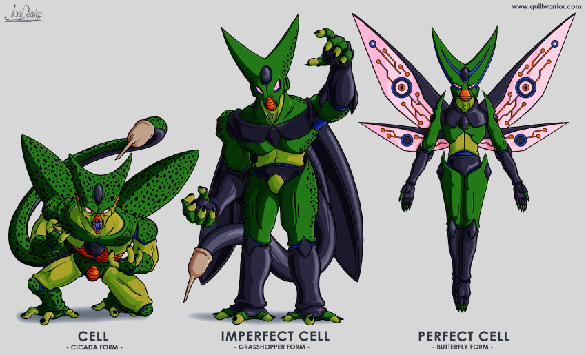 1boy abdomen_tail absurdres android arm_up arthropod_boy artist_name beak biomechanical black_carapace black_wings blue_skin blue_tongue bug butterfly carapace cell_(dragon_ball) character_name cicada colored_mouth colored_sclera colored_skin colored_tongue commentary dragon_ball dragonball_z english_commentary english_text grasshopper green_carapace green_wings highres imperfect_cell insect insect_wings monster multiple_views no_humans open_mouth outstretched_arms perfect_cell pink_sclera pink_wings redesign reference_sheet semi-perfect_cell signature slit_pupils spots spread_arms squatting tail the_quill_warrior watermark web_address wings