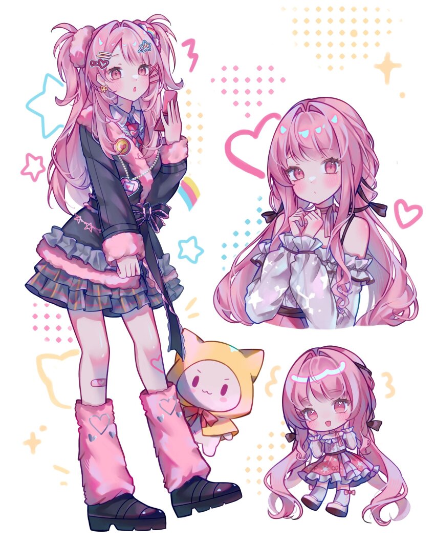 1girl :3 :o ^^^ absurdly_long_hair absurdres animal bandaid bandaid_on_leg bare_shoulders bead_necklace beads belt black_belt black_boots black_bow black_eyes black_jacket black_ribbon blush_stickers boots bow bow_choker bow_legwear bowtie bra_strap brooch buttons cat cellphone chibi choker cloak closed_mouth clothed_animal collared_shirt cropped_torso dot_nose ear_covers emiroll_art expressionless eyelashes flip_phone frilled_jacket frilled_shirt frilled_skirt frilled_sleeves frills full_body fur-trimmed_jacket fur-trimmed_sleeves fur_leg_warmers fur_trim grey_skirt gyaru hair_bow hair_intakes hair_ornament hair_ribbon hair_scrunchie hairclip halftone hands_on_own_cheeks hands_on_own_face happy heart heart_hair_ornament heart_necklace heart_print heart_tattoo highres holding holding_phone hood hood_up hooded_cloak infinity_nikki jacket jewelry kneehighs layered_skirt leg_tattoo leg_warmers light_blush long_hair long_sleeves looking_at_viewer low_twintails mary_janes medium_skirt miniskirt momo_(nikki) multiple_views necklace necktie nikki_(nikki) nikki_(series) off-shoulder_shirt off_shoulder open_mouth own_hands_together perfect_start_(infinity_nikki) phone pink_bow pink_bowtie pink_choker pink_eyes pink_hair pink_leg_warmers pink_necktie pink_scrunchie pink_shoes pink_skirt plaid_clothes plaid_skirt platform_boots pleated_skirt puffy_long_sleeves puffy_sleeves rainbow_hair_ornament red_bow red_bowtie ribbon ribbon_earrings rosie_sweetheart_(infinity_nikki) scrunchie shirt shoes sidelocks single_stripe skirt sleeves_past_wrists smile snowflake_print snowflakes socks solid_oval_eyes standing star_(symbol) star_hair_ornament star_print striped_bow striped_bowtie striped_choker striped_clothes tattoo tie_clip tress_ribbon twintails two_side_up very_long_hair virtual_pet_(toy) wavy_hair white_background white_cat white_shirt white_skirt white_socks x_hair_ornament y2k_fashion yellow_cloak yellow_ribbon