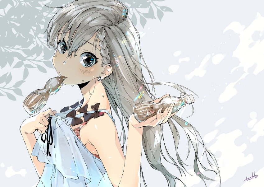 1girl bare_shoulders blush bow braid braided_bangs clothes_pull dress dress_pull earrings food grey_background grey_hair highres hisakawa_hayate holding holding_food idolmaster idolmaster_cinderella_girls idolmaster_cinderella_girls_starlight_stage jewelry layered_dress leaf_print long_hair mouth_hold ribbon ribbon_trim sleeveless sleeveless_dress solo torokko tupet upper_body