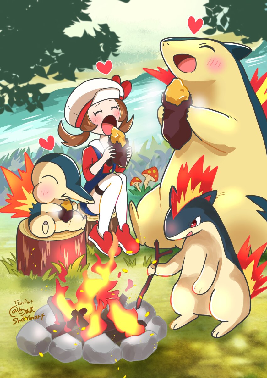 1girl absurdres blush brown_hair cabbie_hat campfire cyndaquil eating fire food gen_2_pokemon hat highres holding lyra_(pokemon) mushroom nintendo open_mouth pokemon pokemon_(creature) pokemon_hgss quilava red_eyes ribbon sheyona shoes signature sitting smile standing stick sweet_potato twintails typhlosion