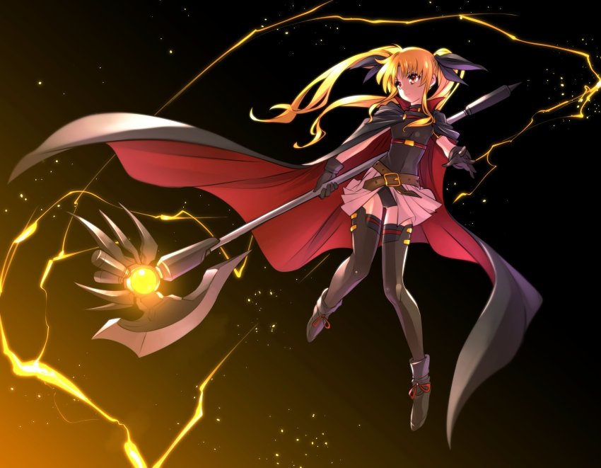 1girl arm_belt bardiche_(bullova_form)_(nanoha) bardiche_(nanoha) belt belt_bra black_background black_boots black_cape black_gloves black_leotard black_ribbon black_thighhighs blonde_hair blurry boots brown_belt cape closed_mouth commentary dress electricity fate_testarossa fate_testarossa_(movie_1st_form) floating frown gloves hair_ribbon highres holding holding_polearm holding_weapon kato_takuji leotard light_particles long_hair looking_to_the_side lyrical_nanoha magical_girl mahou_shoujo_lyrical_nanoha mahou_shoujo_lyrical_nanoha_the_movie_1st miniskirt pink_skirt pleated_skirt polearm red_cape red_eyes ribbon skirt sleeveless sleeveless_dress solo thighhighs twintails two-sided_cape two-sided_fabric weapon