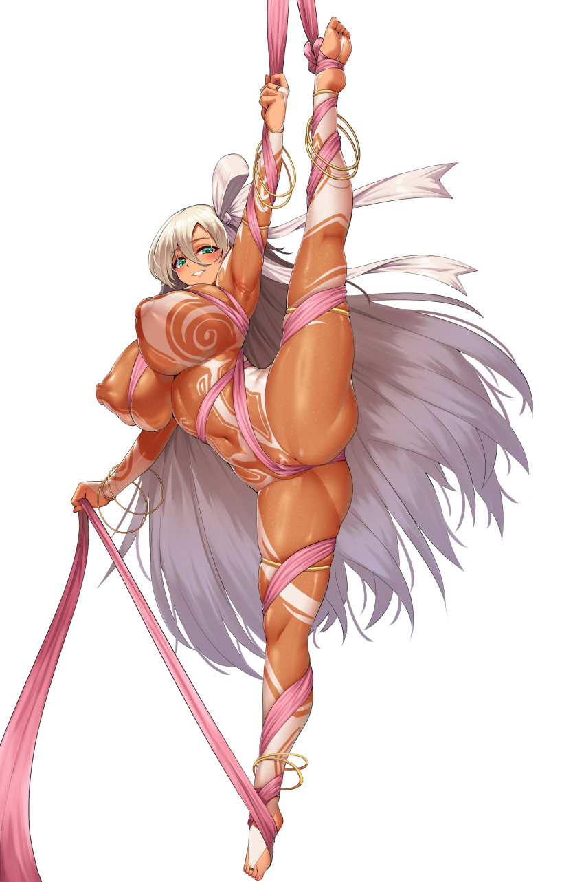 1girl absurdres acrobatic_sunny acrobatics bangle blue_eyes bodysuit bracelet bridal_gauntlets bridal_legwear cameltoe cho!cho! covered_erect_nipples feixianji_(hairstyle) flexible gold_armlet highres impossible_bodysuit impossible_clothes jewelry last_origin long_hair looking_at_viewer official_art solo split standing standing_on_one_leg standing_split thigh_ring white_hair