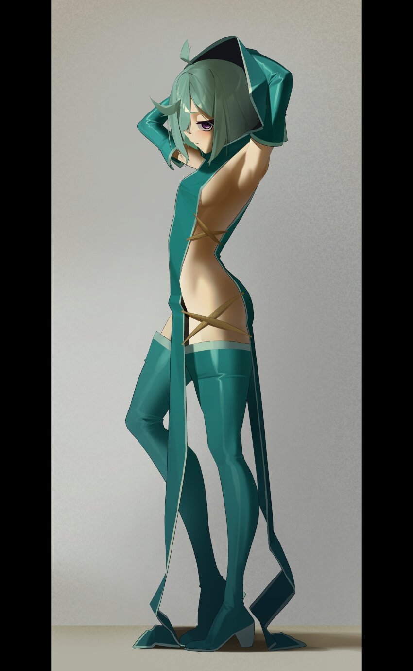 1girl absurdres ahoge anemo_nemo aqua_boots aqua_gloves aqua_hair arms_up black_border blush boots border breasts closed_mouth commentary elbow_gloves from_side full_body gloves grey_background hakhpu high_heel_boots high_heels highres hood hood_up leberblume looking_at_viewer mahou_shoujo_ni_akogarete pelvic_curtain profile purple_eyes short_hair sideboob sideless_outfit sideways_glance simple_background small_breasts solo standing thigh_boots