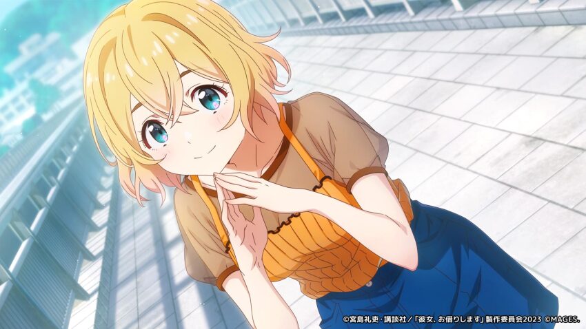 1girl blonde_hair blue_eyes blue_skirt breasts cleavage closed_mouth copyright_notice dutch_angle highres kanojo_okarishimasu looking_at_viewer medium_breasts nanami_mami official_art orange_shirt outdoors own_hands_together ribbed_shirt see-through_cleavage see-through_clothes see-through_sleeves shirt shirt_tucked_in short_hair skirt smile solo steepled_fingers