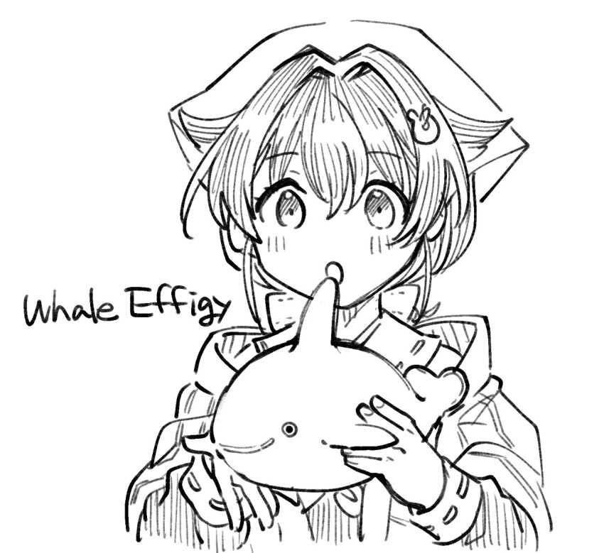 1girl bandana commentary_request english_text greyscale hair_flaps hair_ornament hair_ribbon jingei_(kancolle) kantai_collection kirisawa_juuzou low_ponytail monochrome ponytail ribbon school_uniform serafuku shawl solo upper_body whale whale_hair_ornament