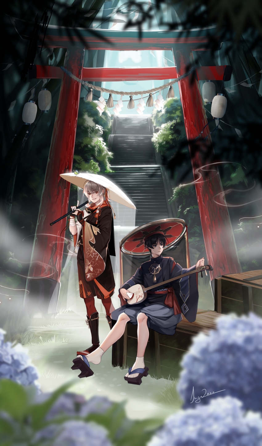 absurdres bishounen black_hair black_shorts blonde_hair blue_eyes castle couple flower flute genshin_impact hat highres inga2ooo instrument japanese_clothes kaedehara_kazuha looking_back medium_hair open_mouth ponytail red_eyes scaramouche_(genshin_impact) wanderer_(genshin_impact) shamisen shirt short_hair shorts skirt smile traditional tree