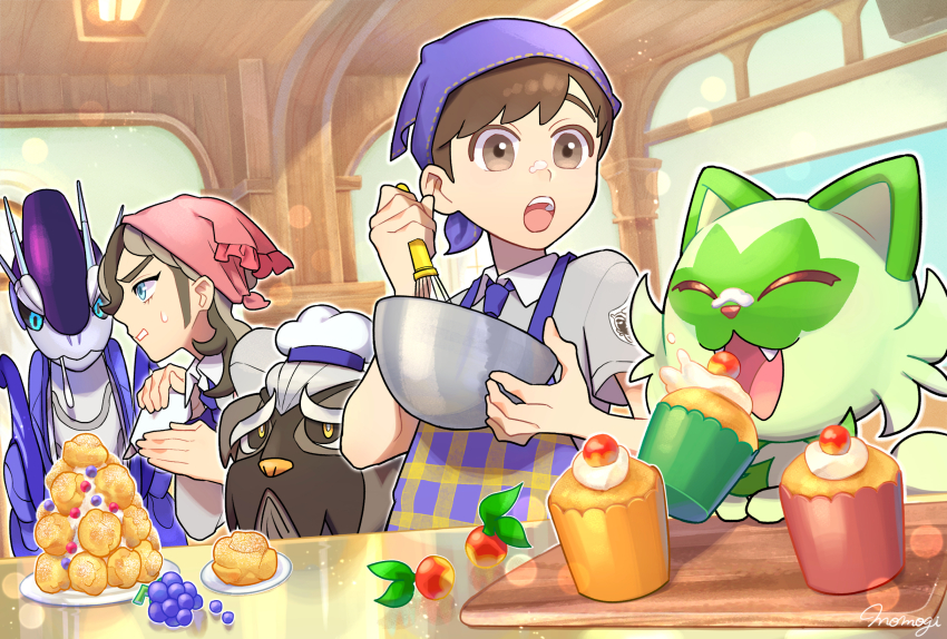 2boys :o apron arven_(pokemon) berry brown_eyes brown_hair ceiling commentary_request cupcake florian_(pokemon) food food_on_face grey_shirt headscarf highres indoors mabosstiff male_focus miraidon mixing_bowl multiple_boys nijuuni_(njn_22) nintendo open_mouth pink_headscarf plate pokemon pokemon_(creature) pokemon_sv purple_headscarf purple_headwear shirt short_hair short_sleeves sprigatito teeth tongue upper_teeth_only whisk