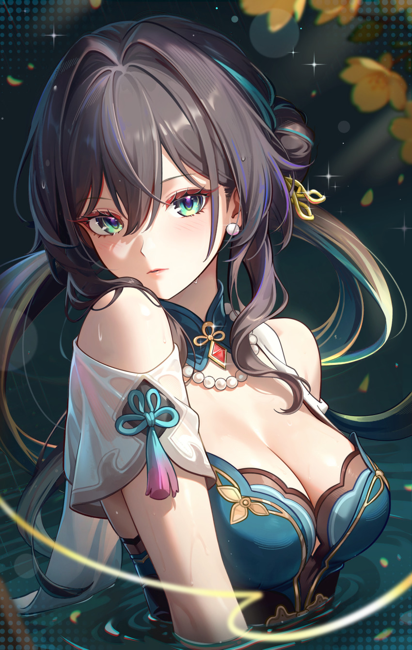 1girl absurdres aqua_dress aviary bare_shoulders breasts brown_hair cleavage closed_mouth clothing_cutout commentary diamond_(shape) dress gem green_eyes hair_between_eyes hair_bun hair_intakes highres honkai:_star_rail honkai_(series) large_breasts long_hair looking_at_viewer md5_mismatch partially_submerged red_gemstone ruan_mei_(honkai:_star_rail) shoulder_cutout single_hair_bun single_side_bun solo upper_body wet