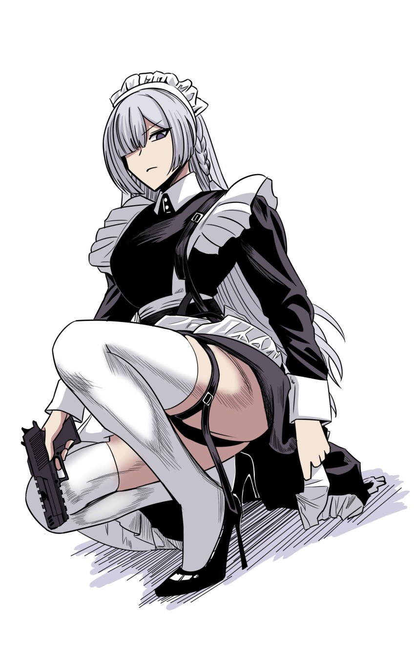 1girl absurdres ak-15_(girls&#039;_frontline) alternate_costume apron breasts choebal1356201 closed_mouth detached_collar full_body garter_straps girls&#039;_frontline grey_hair gun hair_over_one_eye high_heels highres holding holding_gun holding_weapon legs long_hair long_sleeves looking_at_viewer maid maid_apron maid_headdress on_floor purple_eyes serious simple_background sitting solo thighhighs thighs weapon white_background white_thighhighs white_wrist_cuffs wrist_cuffs