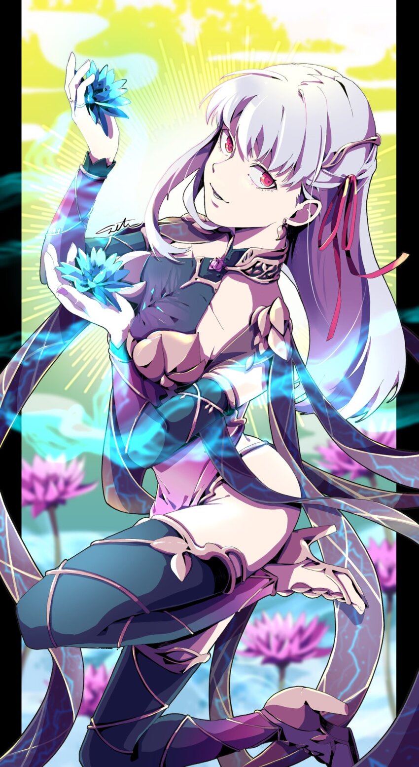 1girl armor ass bikini_armor breasts colored_inner_hair commentary_request fate/grand_order fate_(series) full_body highres long_hair looking_at_viewer medium_breasts multicolored_hair pink_hair red_eyes thighhighs ttmaru_1739 type-moon
