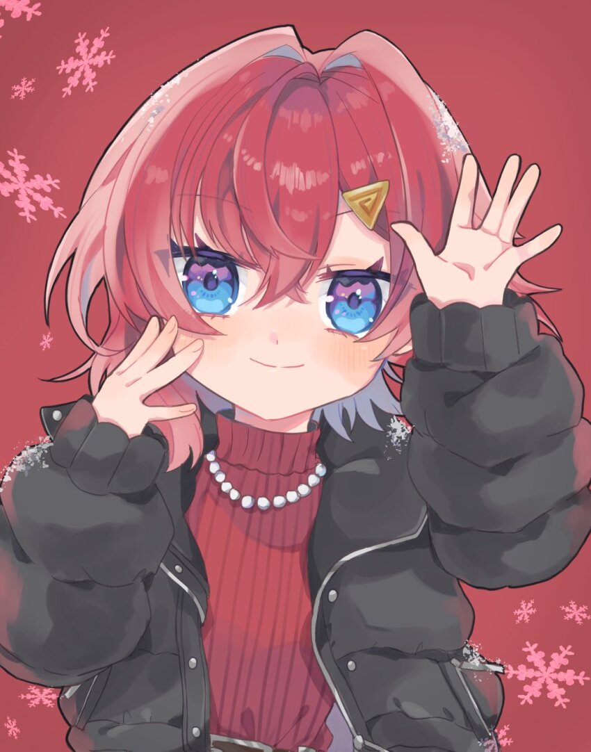 1girl alternate_costume ange_katrina black_jacket blue_eyes blush chu_mochi closed_mouth crossed_bangs hair_between_eyes hair_intakes hair_ornament hand_on_own_cheek hand_on_own_face hands_up hashtag-only_commentary highres jacket jewelry long_sleeves looking_at_viewer medium_hair multicolored_eyes necklace nijisanji padded_jacket pearl_necklace purple_eyes red_background red_hair red_sweater smile snow_on_clothes snow_on_head snowflakes solo split_mouth straight-on sweater triangle_hair_ornament two-tone_eyes upper_body virtual_youtuber waving