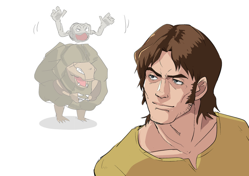 1boy blouse brown_eyes brown_hair crossover cucuruz_doan gen_1_pokemon geodude golem_(pokemon) gundam hair_behind_ear looking_back male_focus mobile_suit_gundam nintendo ogasawara open_hands pokemon pokemon_(creature) portrait shirt solo_focus white_background yellow_shirt