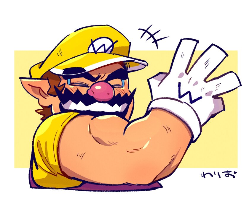 +++ 1boy :d ^_^ biceps blush brown_hair closed_eyes commentary_request facial_hair flexing gloves hand_up hat highres male_focus mario_(series) muscular muscular_male mustache nintendo open_mouth overalls pointy_ears purple_overalls shirt short_hair short_sleeves simple_background smile solo teeth two-tone_background upper_body v-shaped_eyebrows wario white_background white_gloves yellow_background yellow_hat yellow_shirt yowasabimechaoc