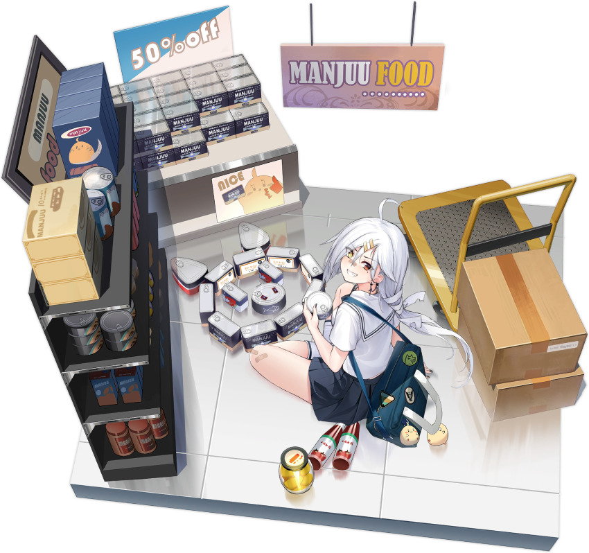 1girl ahoge azur_lane bag bandaid bandaid_on_face bandaid_on_knee bandaid_on_leg bandaid_on_nose black_skirt bottle box box_stack can cardboard_box chain chain_earrings downes_(azur_lane) downes_(part-time_bomber)_(azur_lane) ear_chain earrings from_above grin hair_ornament hair_ribbon hairclip heterochromia highres jewelry linked_piercing looking_at_viewer looking_back manjuu_(azur_lane) mole mole_under_eye official_alternate_costume official_art ootsuki_momiji pleated_skirt red_eyes ribbon school_bag school_uniform serafuku shirt sitting skirt smile solo tin_can transparent_background white_hair white_shirt yellow_eyes